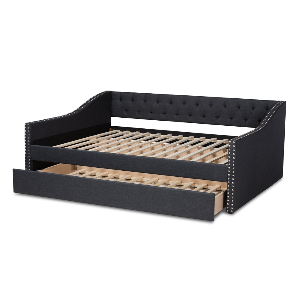 Haylie Modern and Contemporary Dark Grey Fabric Upholstered Queen Size Daybed with Roll-Out Trundle Bed