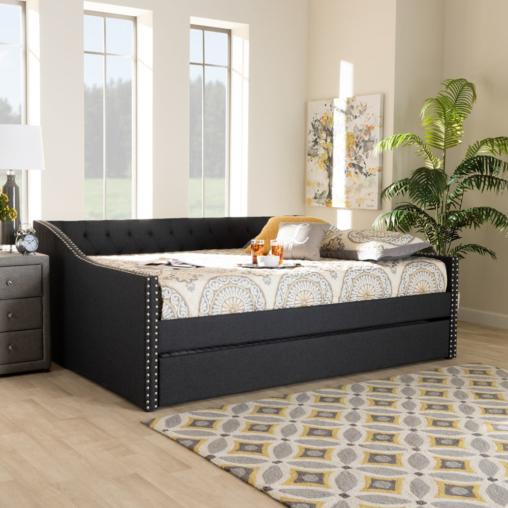 Haylie Modern and Contemporary Dark Grey Fabric Upholstered Queen Size Daybed with Roll-Out Trundle Bed
