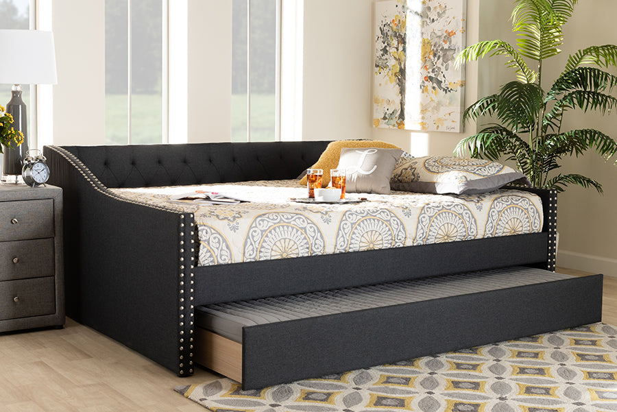 Haylie Modern and Contemporary Dark Grey Fabric Upholstered Queen Size Daybed with Roll-Out Trundle Bed