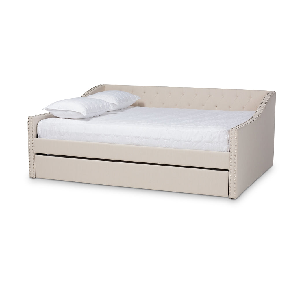 Haylie Beige Fabric Upholstered Queen Size Daybed with Roll-Out Trundle Bed
