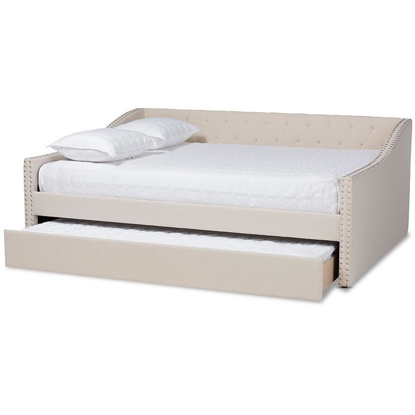 Haylie Beige Fabric Upholstered Queen Size Daybed with Roll-Out Trundle Bed