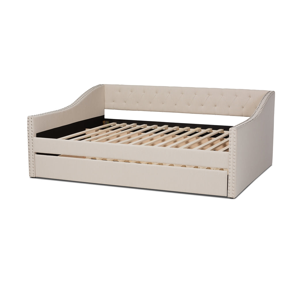 Haylie Modern and Contemporary Beige Fabric Upholstered Full Size Daybed with Roll-Out Trundle Bed