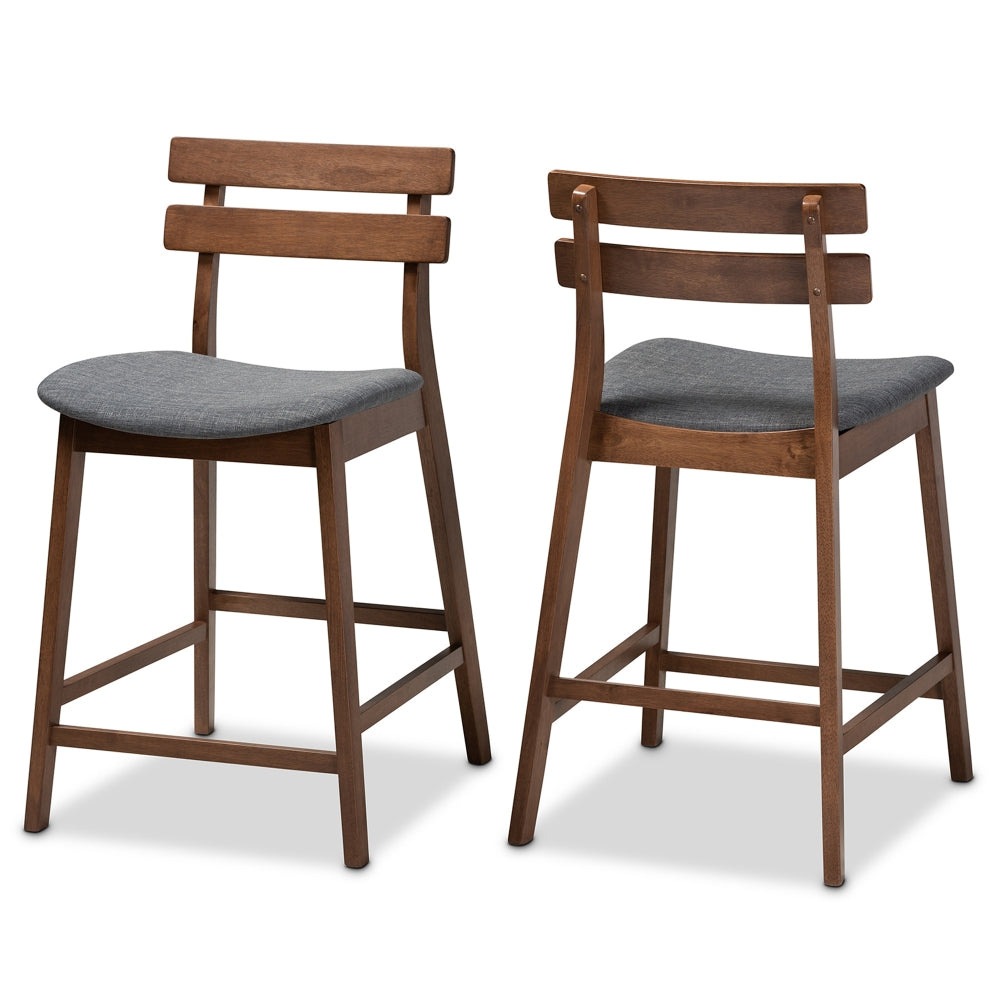 Larine Modern and Contemporary Dark Grey Fabric Upholstered Walnut Finished 2-Piece Wood Counter Stool Set