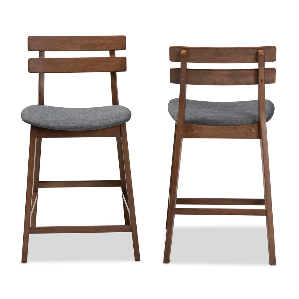 Larine Modern and Contemporary Dark Grey Fabric Upholstered Walnut Finished 2-Piece Wood Counter Stool Set