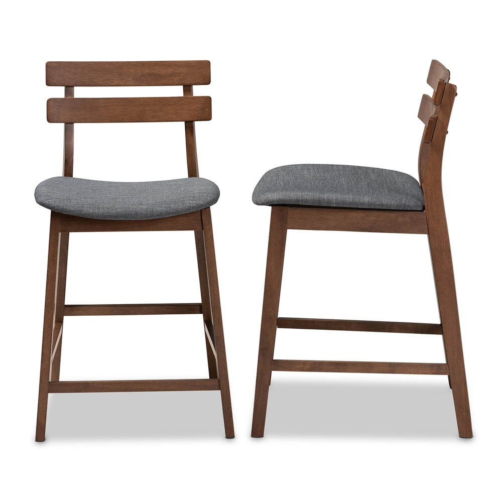 Larine Modern and Contemporary Dark Grey Fabric Upholstered Walnut Finished 2-Piece Wood Counter Stool Set
