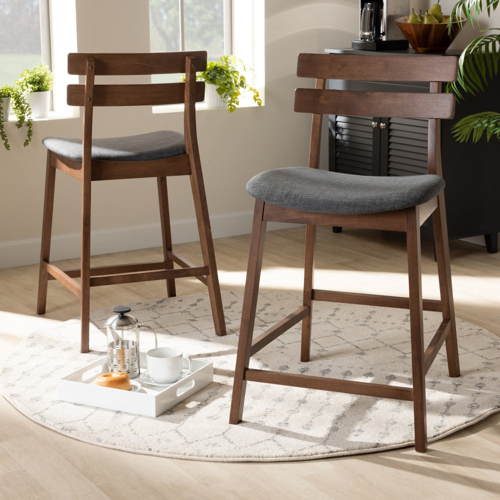 Larine Modern and Contemporary Dark Grey Fabric Upholstered Walnut Finished 2-Piece Wood Counter Stool Set