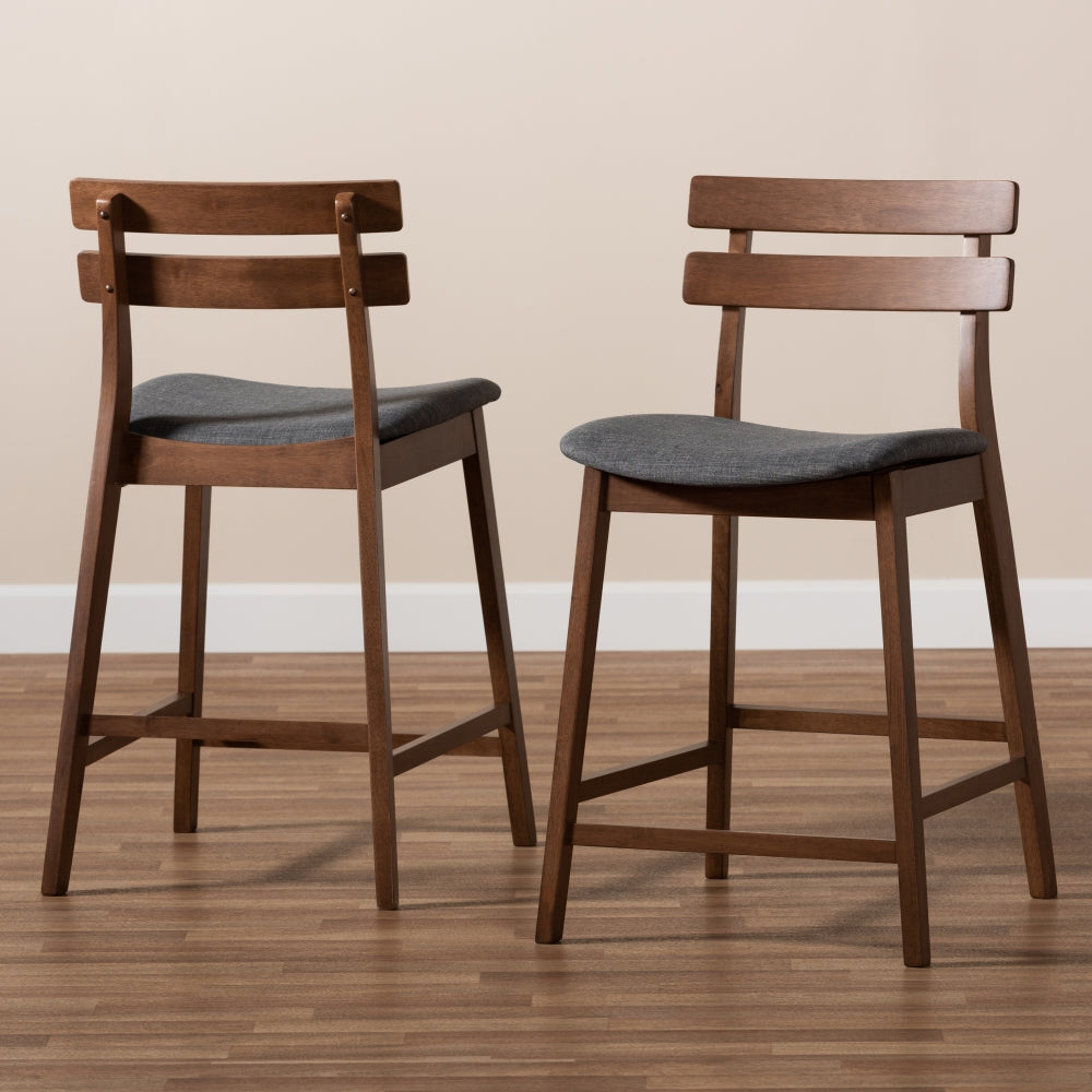 Larine Modern and Contemporary Dark Grey Fabric Upholstered Walnut Finished 2-Piece Wood Counter Stool Set
