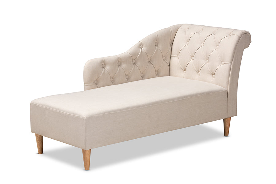 Emeline Modern and Contemporary Beige Fabric Upholstered Oak Finished Chaise Lounge