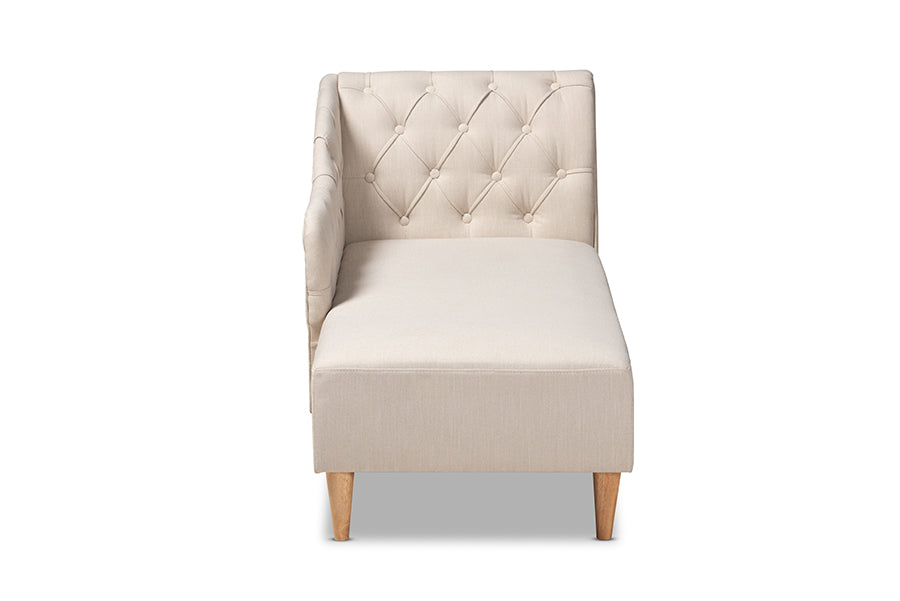 Emeline Modern and Contemporary Beige Fabric Upholstered Oak Finished Chaise Lounge