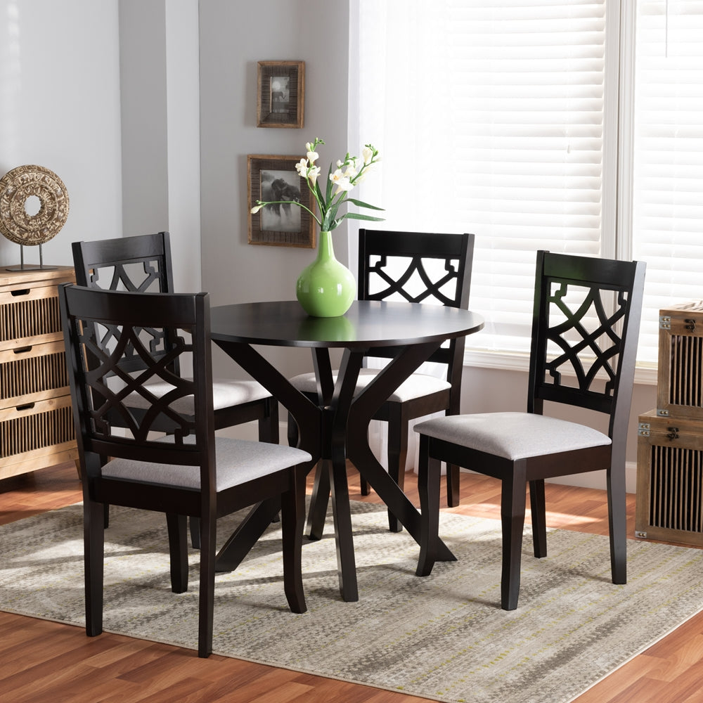 Elena Modern and Contemporary Grey Fabric Upholstered and Dark Brown Finished Wood 5-Piece Dining Set