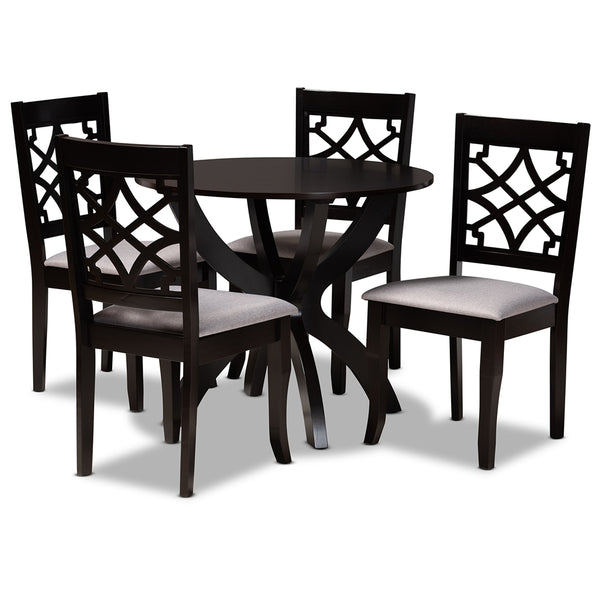 Sandra Modern and Contemporary Grey Fabric Upholstered and Dark Brown Finished Wood 5-Piece Dining Set