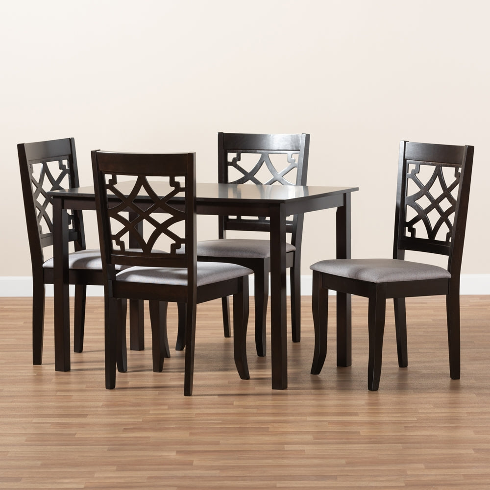 Mael Modern and Contemporary Grey Fabric Upholstered Espresso Brown Finished 5-Piece Wood Dining Set