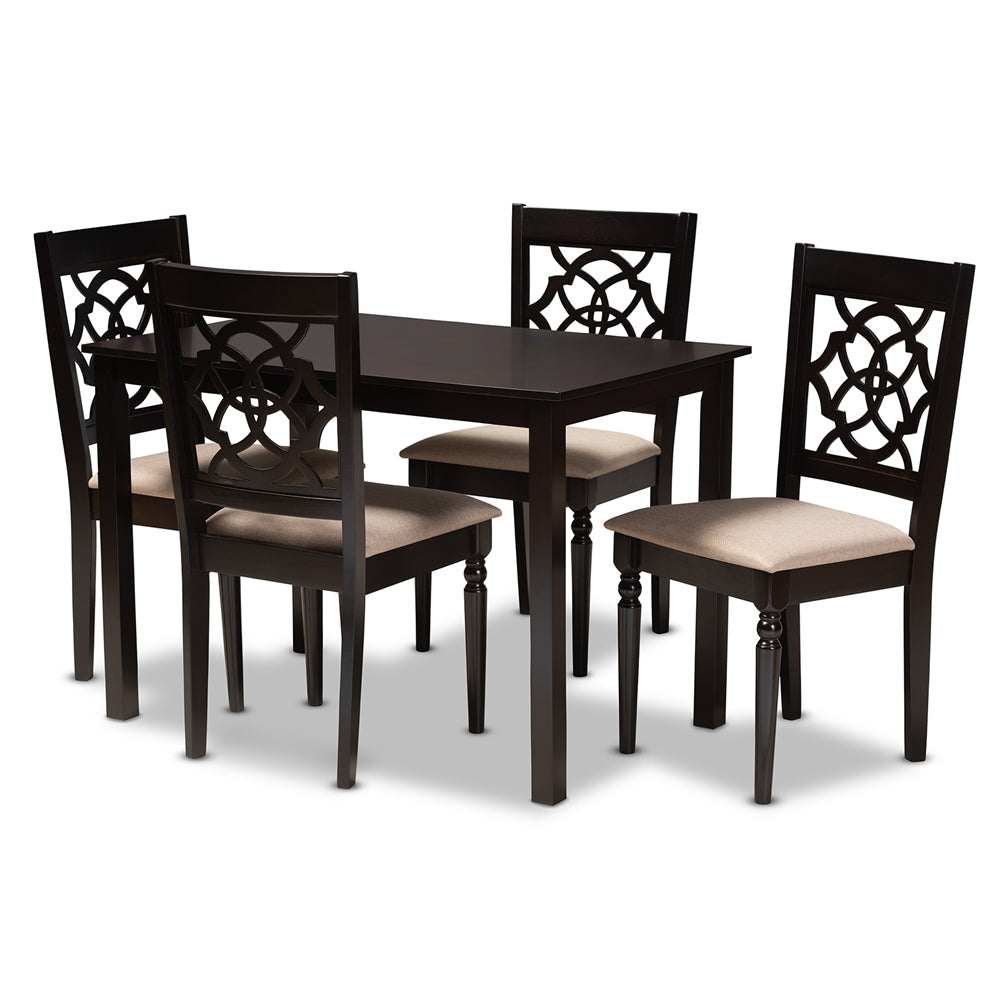 Renaud Modern and Contemporary Sand Fabric Upholstered Espresso Brown Finished 5-Piece Wood Dining Set