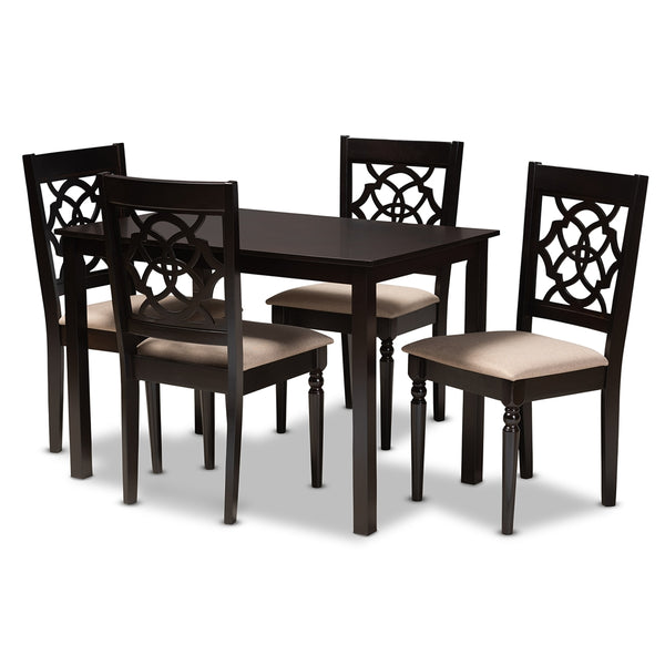 Renaud Modern and Contemporary Sand Fabric Upholstered Espresso Brown Finished 5-Piece Wood Dining Set