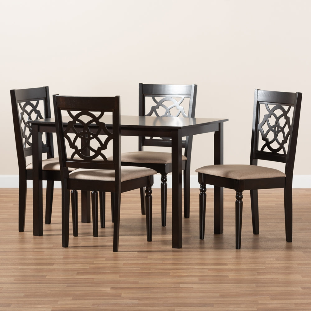 Renaud Modern and Contemporary Sand Fabric Upholstered Espresso Brown Finished 5-Piece Wood Dining Set