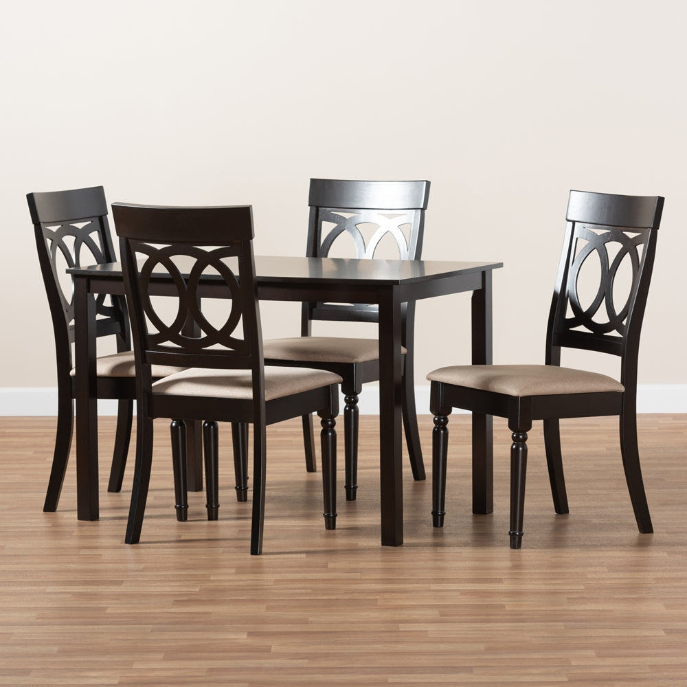 Lucie Modern and Contemporary Sand Fabric Upholstered Espresso Brown Finished 5-Piece Wood Dining Set