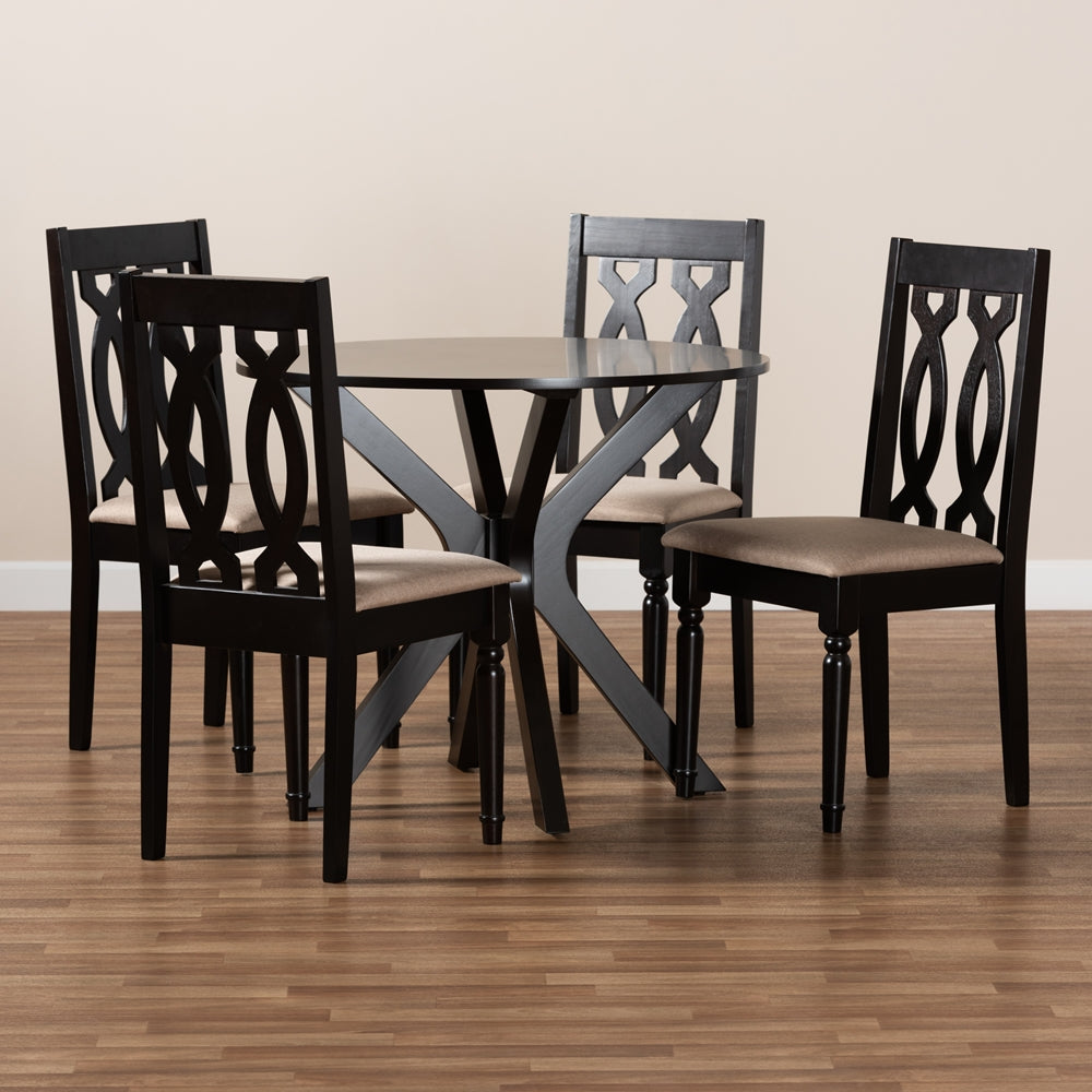 Callie Modern and Contemporary Sand Fabric Upholstered and Dark Brown Finished Wood 5-Piece Dining Set