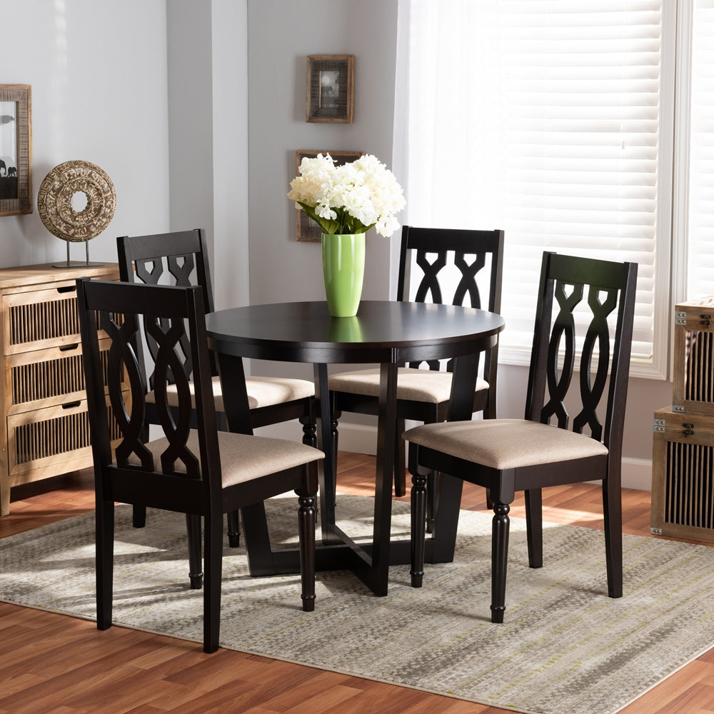 Julie Modern and Contemporary Sand Fabric Upholstered and Dark Brown Finished Wood 5-Piece Dining Set