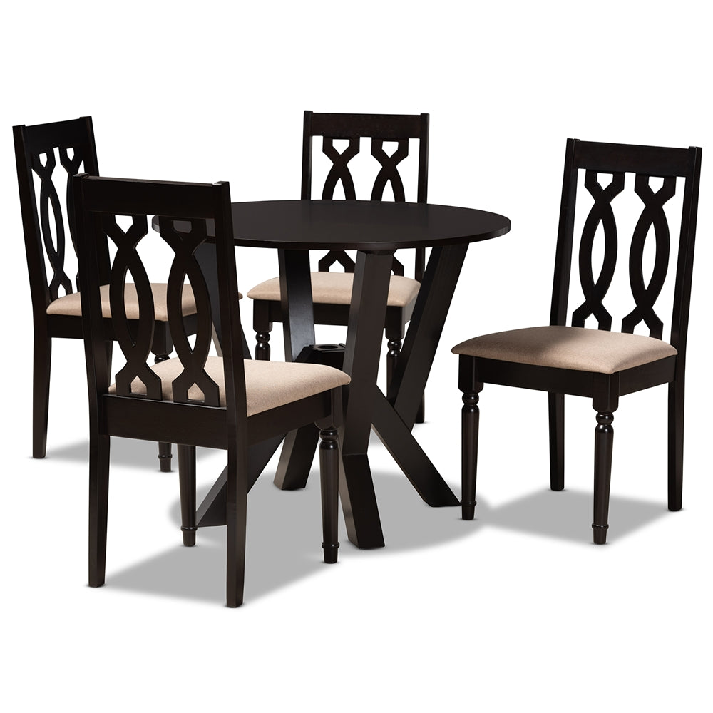 Anise Modern and Contemporary Sand Fabric Upholstered and Dark Brown Finished Wood 5-Piece Dining Set