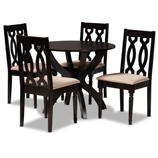 Mona Modern and Contemporary Sand Fabric Upholstered and Dark Brown Finished Wood 5-Piece Dining Set