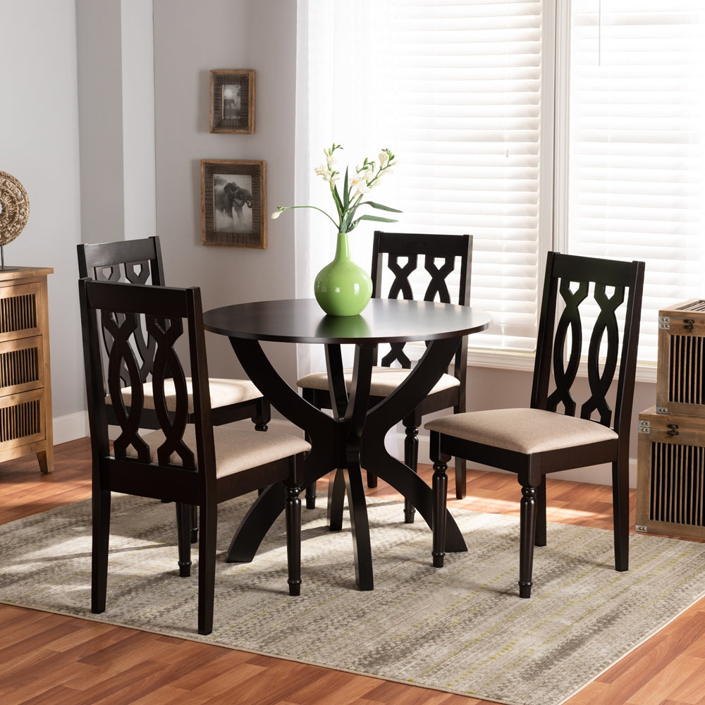 Mona Modern and Contemporary Sand Fabric Upholstered and Dark Brown Finished Wood 5-Piece Dining Set