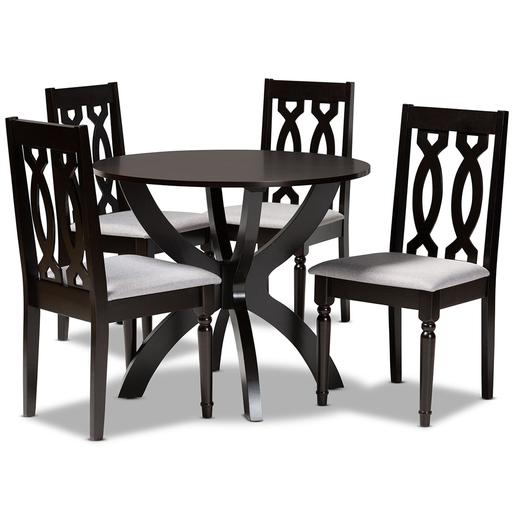 Mona Modern and Contemporary Grey Fabric Upholstered and Dark Brown Finished Wood 5-Piece Dining Set