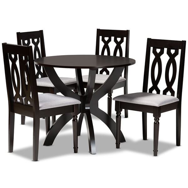 Mona Modern and Contemporary Grey Fabric Upholstered and Dark Brown Finished Wood 5-Piece Dining Set
