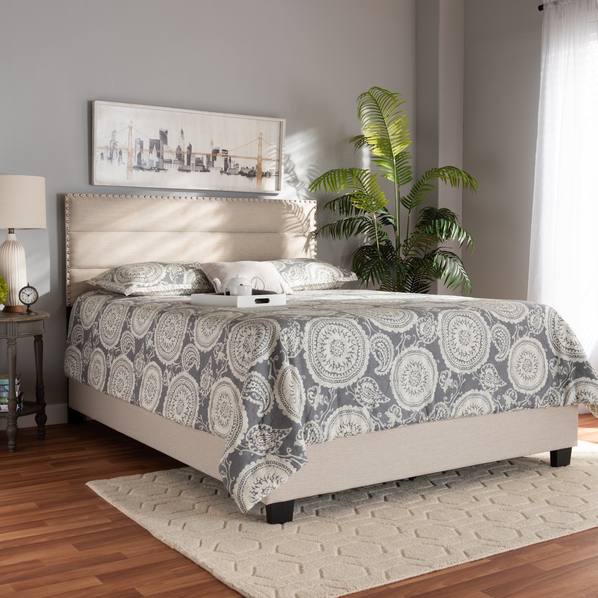 Ansa Modern and Contemporary Beige Fabric Upholstered Queen Size Bed
