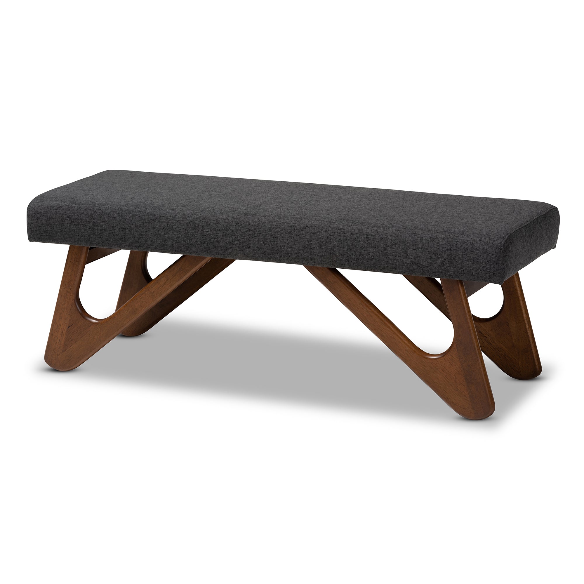 Baxton Studio Rika Mid-Century Modern Dark Grey Fabric Upholstered Walnut Brown Finished Boomerang Bench