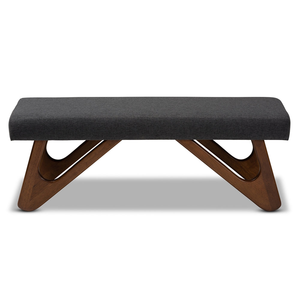 Rika Mid-Century Modern Dark Grey Fabric Upholstered Walnut Brown Finished Boomerang Bench