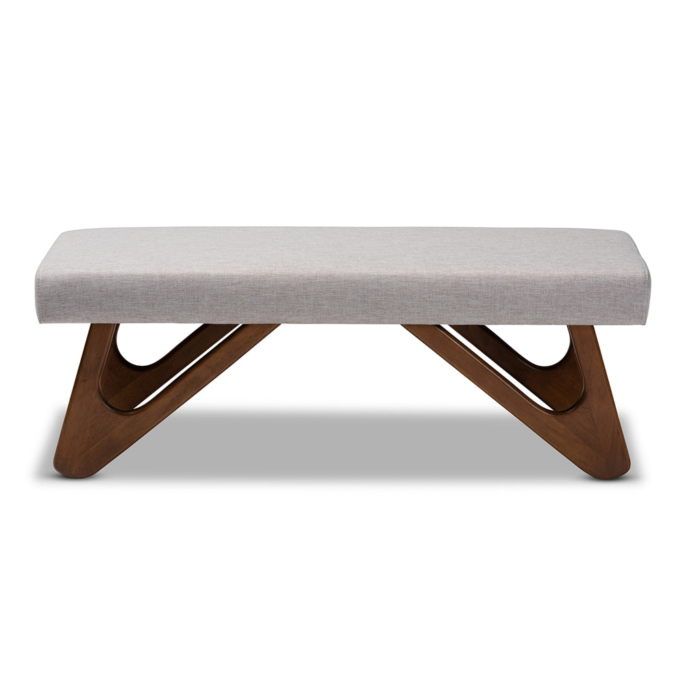 Rika Mid-Century Modern Greyish Beige Fabric Upholstered Walnut Brown Finished Boomerang Bench