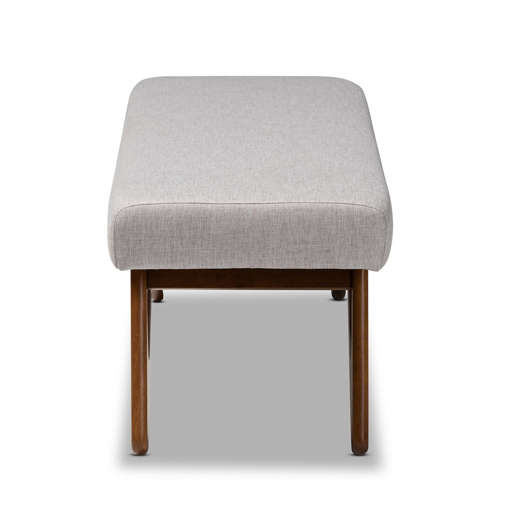 Rika Mid-Century Modern Greyish Beige Fabric Upholstered Walnut Brown Finished Boomerang Bench