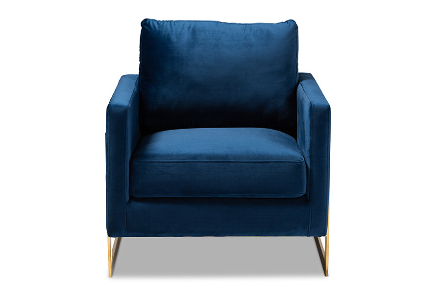 Matteo  and  Royal Blue Velvet Fabric Upholstered Gold Finished Armchair