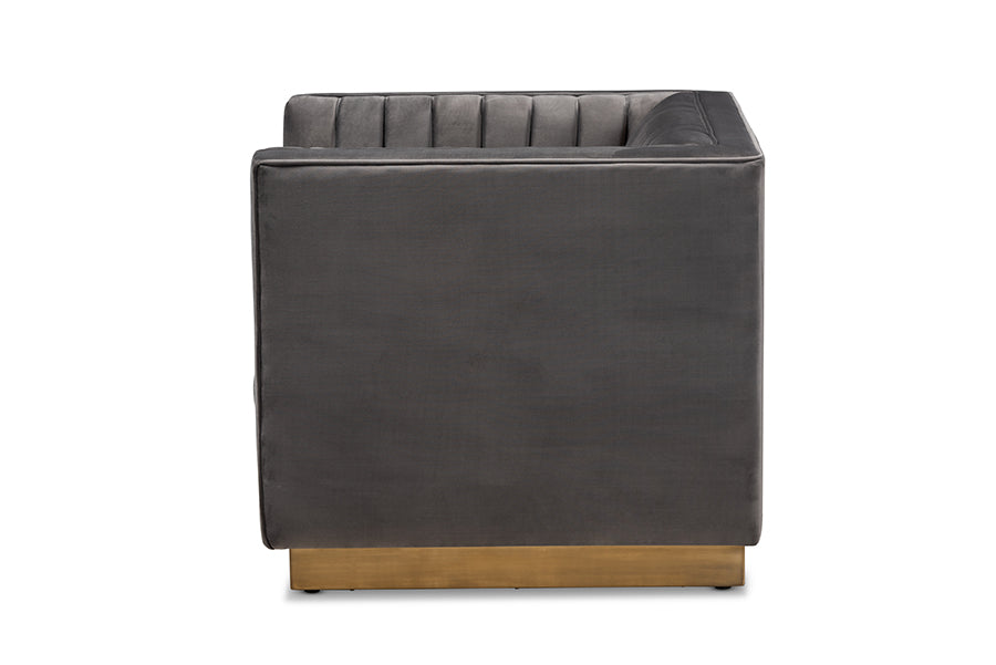 Aveline  and  Grey Velvet Fabric Upholstered Brushed Gold Finished Armchair