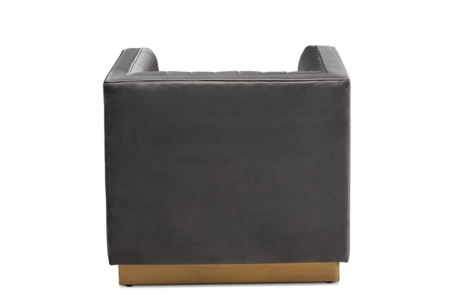 Aveline  and  Grey Velvet Fabric Upholstered Brushed Gold Finished Armchair