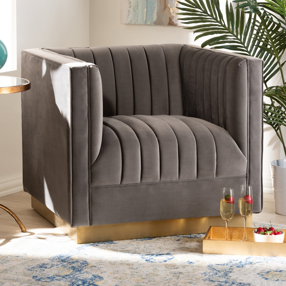 Aveline  and  Grey Velvet Fabric Upholstered Brushed Gold Finished Armchair
