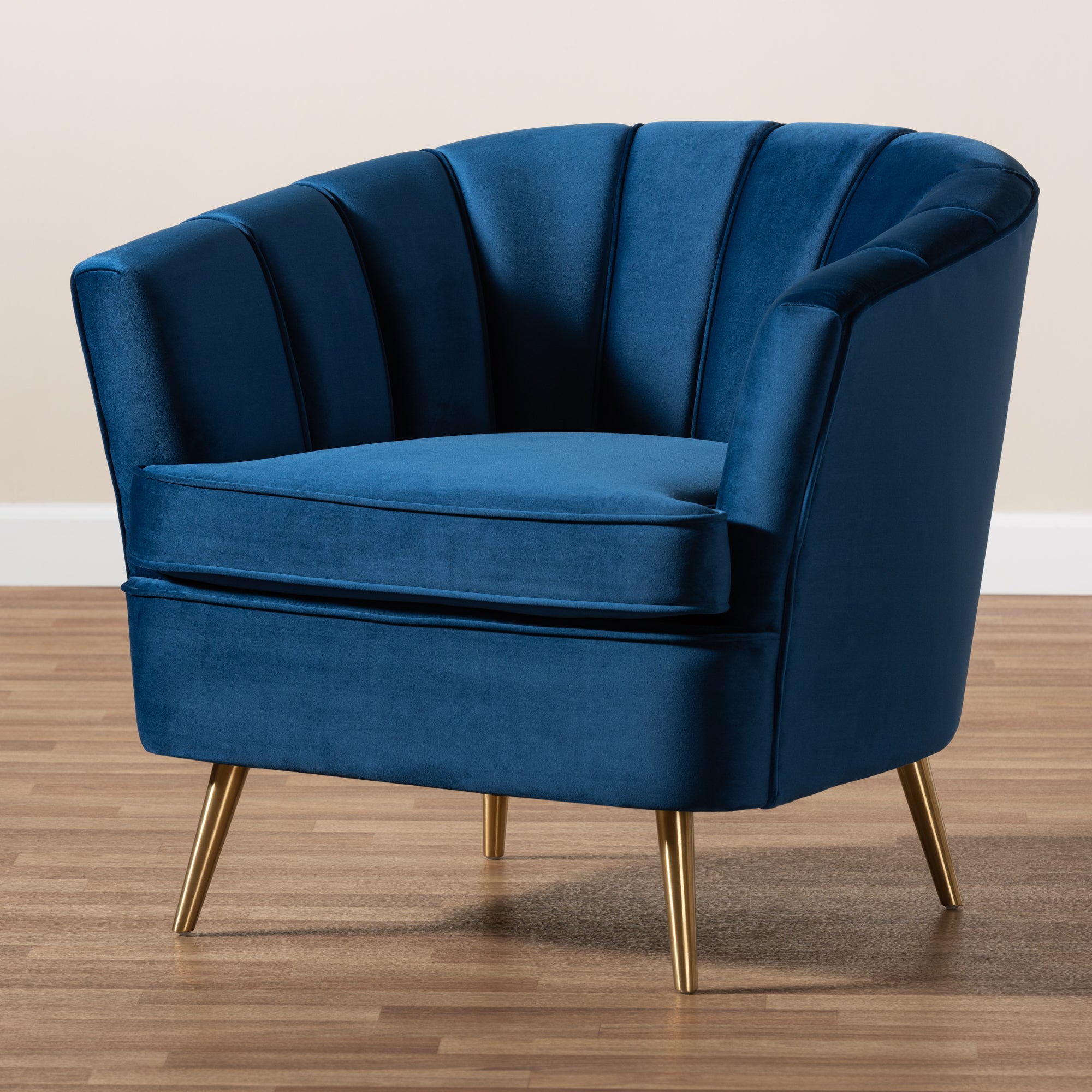 Emeline  and  Navy Blue Velvet Fabric Upholstered Brushed Gold Finished Accent Chair