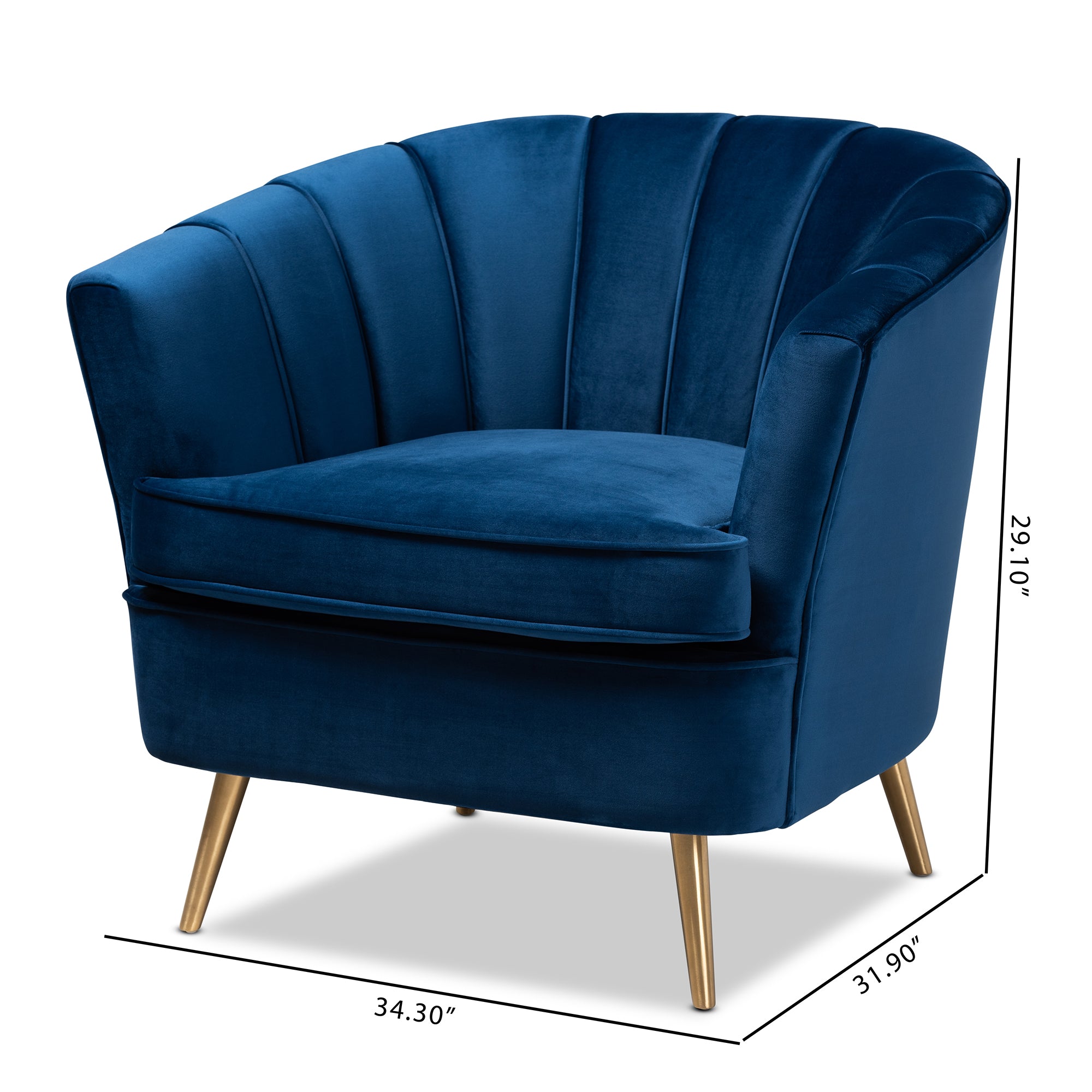 Emeline  and  Navy Blue Velvet Fabric Upholstered Brushed Gold Finished Accent Chair