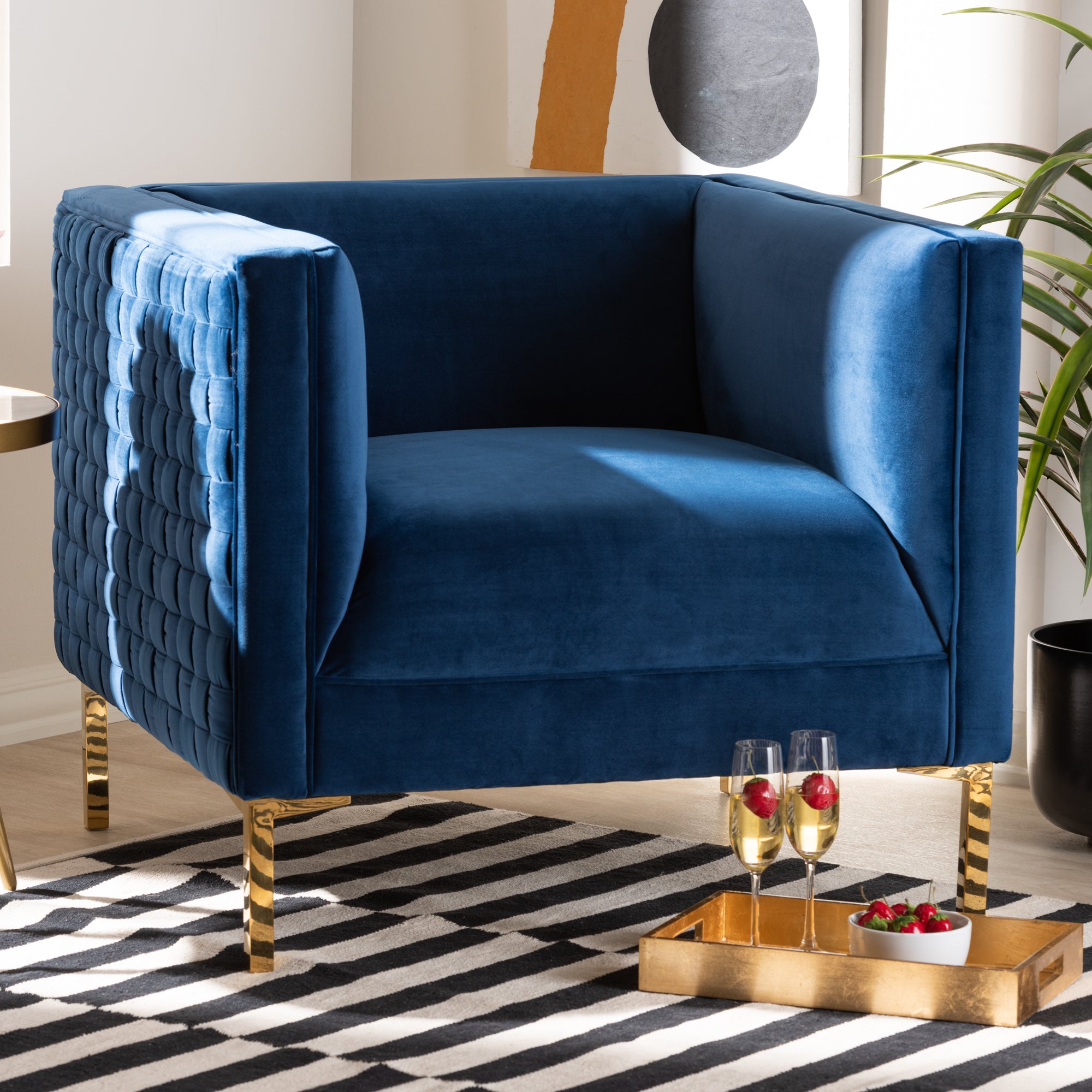 Seraphin  and  Navy Blue Velvet Fabric Upholstered Gold Finished Armchair
