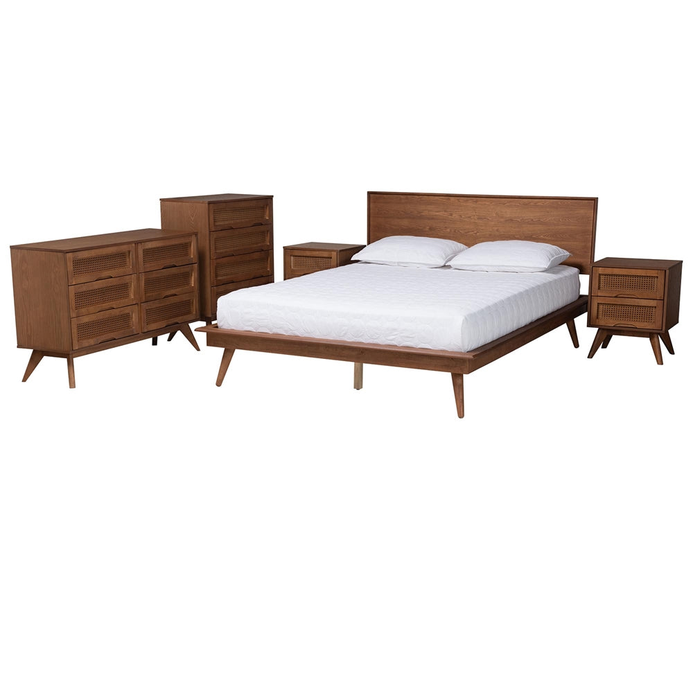 Melora Mid-Century Modern Walnut Brown Finished Wood And Rattan Full Size 5-Piece Bedroom Set