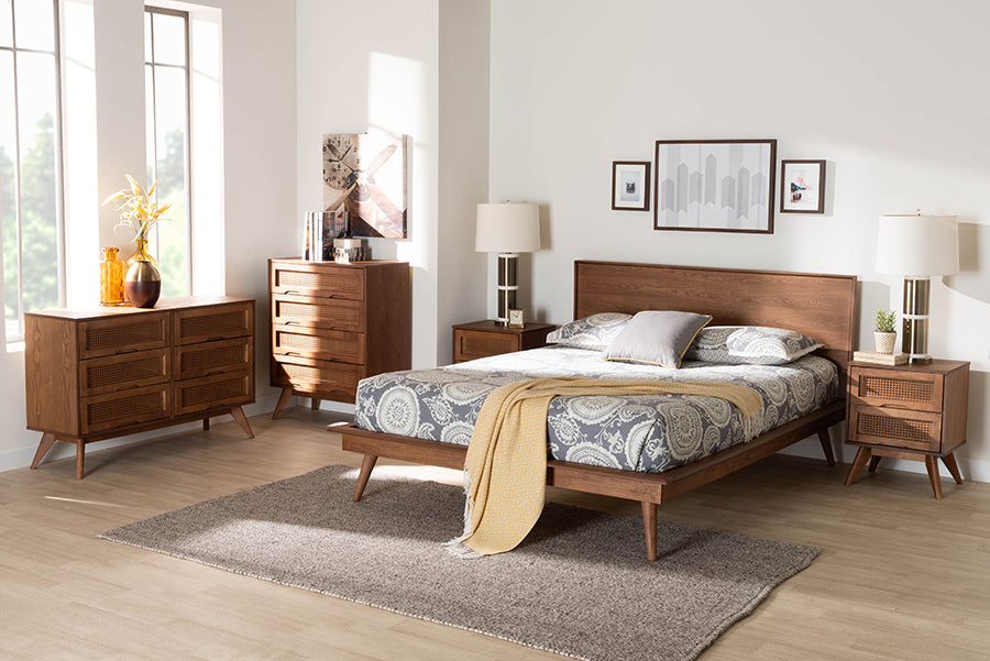 Orbit Full Size Rubberwood Mid-Century Modern Bedroom Set – 5-Piece Walnut Brown with Rattan