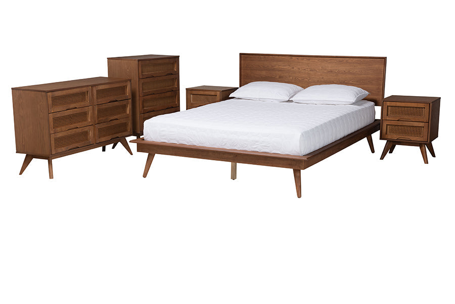 Dennehy King Size Walnut Wood Platform Bedroom Set – Mid-Century Modern 5-Piece with Rattan