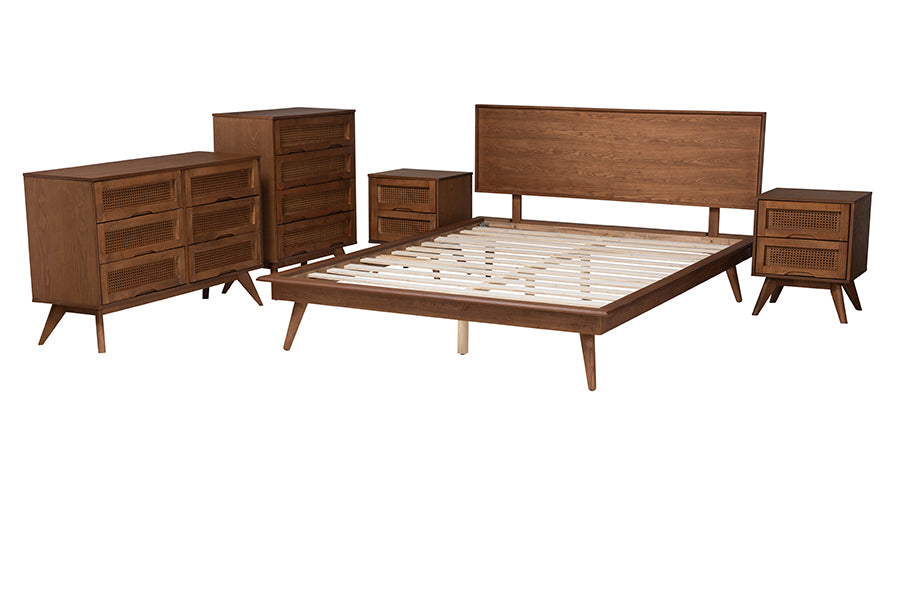 Dennehy King Size Walnut Wood Platform Bedroom Set – Mid-Century Modern 5-Piece with Rattan