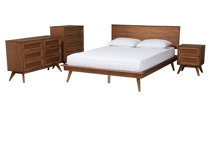 Embick King Walnut Brown Wood and Rattan Bedroom Set Mid-Century Modern 4-Piece
