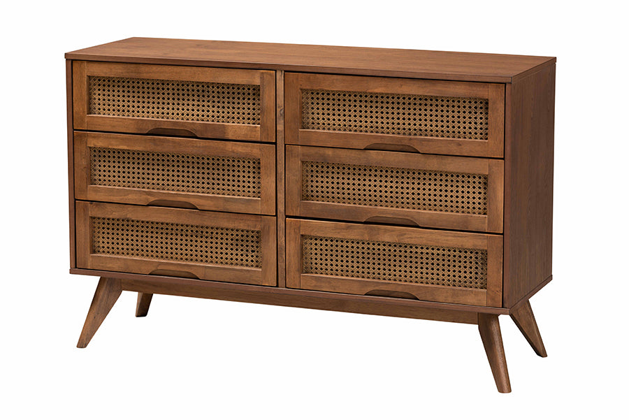 Embick King Walnut Brown Wood and Rattan Bedroom Set Mid-Century Modern 4-Piece