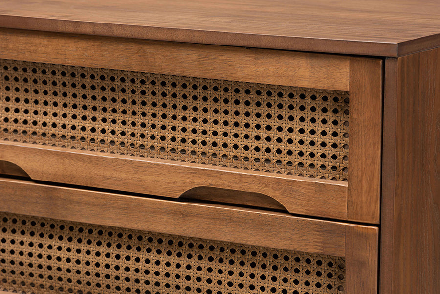 Embick King Walnut Brown Wood and Rattan Bedroom Set Mid-Century Modern 4-Piece