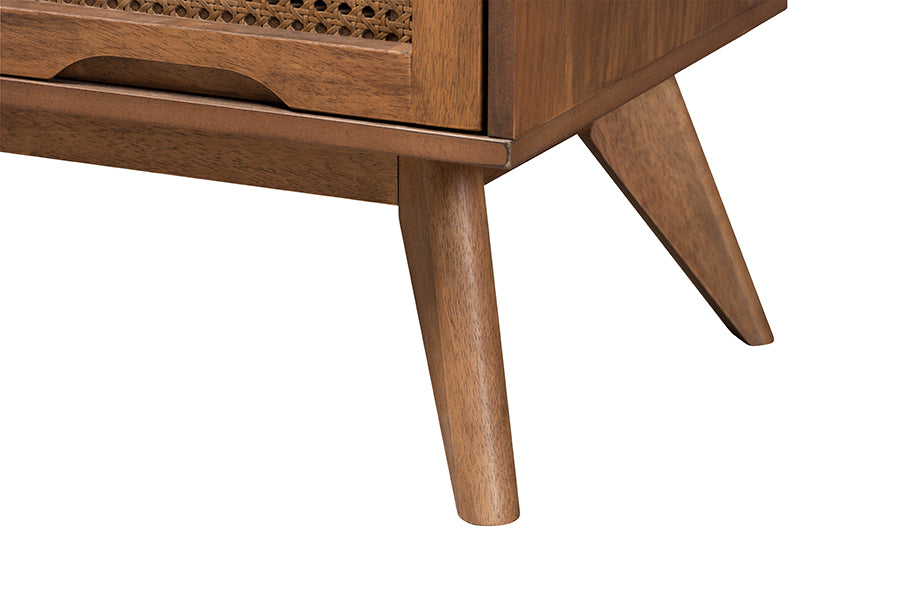 Embick King Walnut Brown Wood and Rattan Bedroom Set Mid-Century Modern 4-Piece