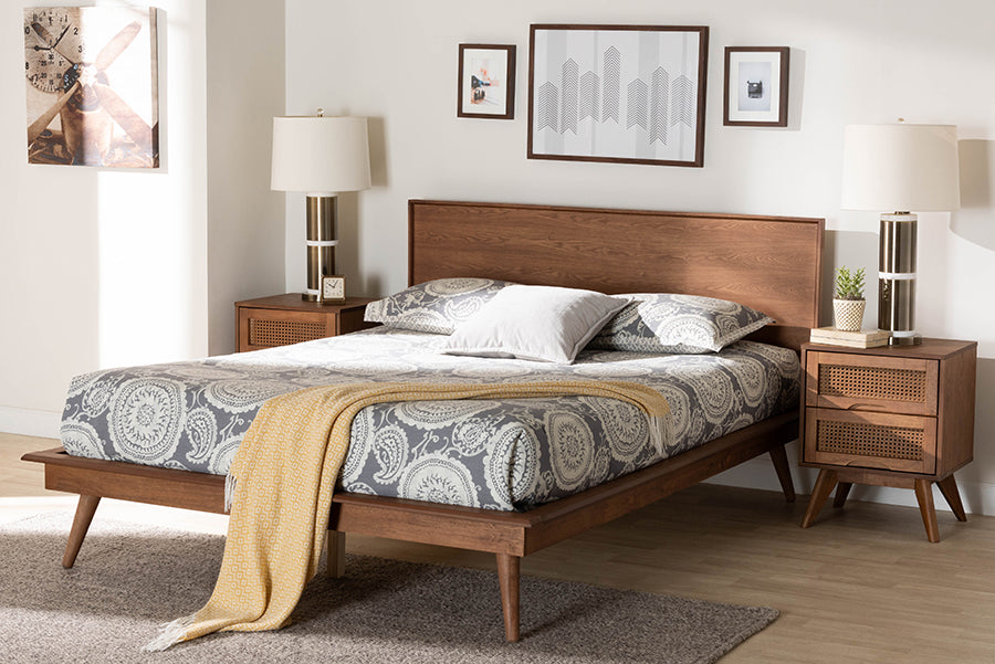 Massey Mid-Century Modern Full Size Bedroom Set – Walnut Brown Wood Platform Bed with 2 Nightstands