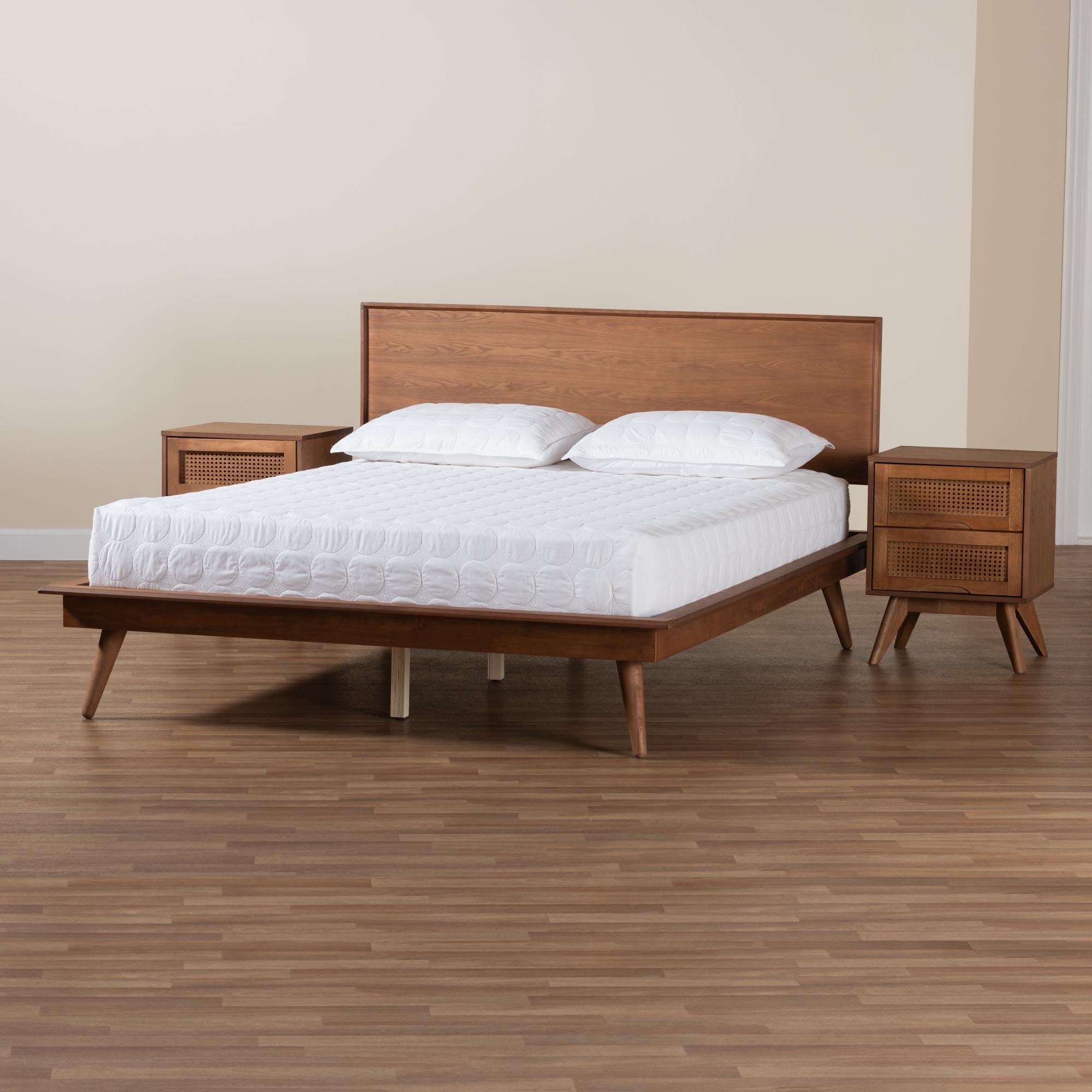 Melora Mid-century Modern Walnut Brown Finished Wood And Rattan Full Size 3-piece Bedroom Set