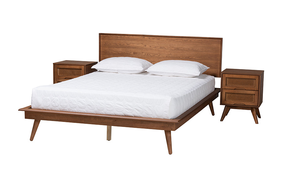 Goodwin King Walnut Rattan Bedroom Set – Mid-Century Modern Platform Bed with Nightstands